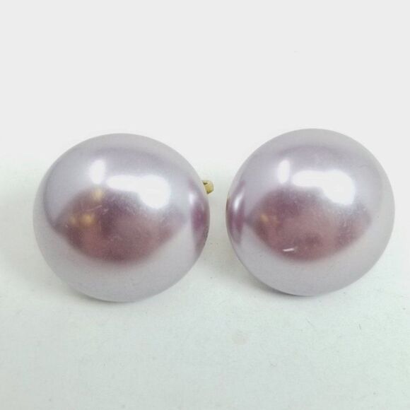 Vintage Pearlescent Purple Silver Tone Dome Clip On Earrings, Retro 80s 90s - Picture 1 of 5